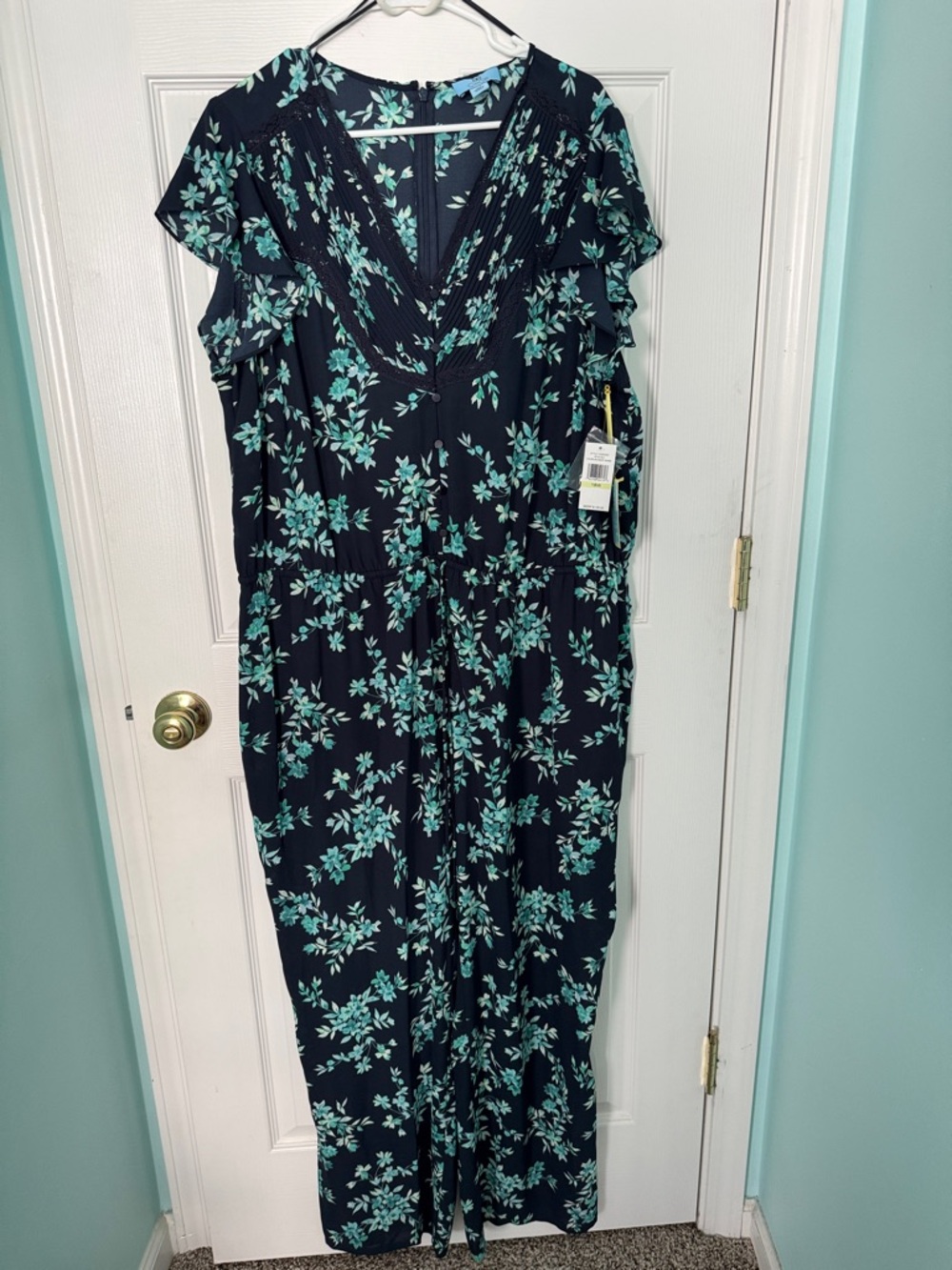 NWT! CeCe dark navy blue Maxi Jumpsuit with Teal Floral Print size 18W